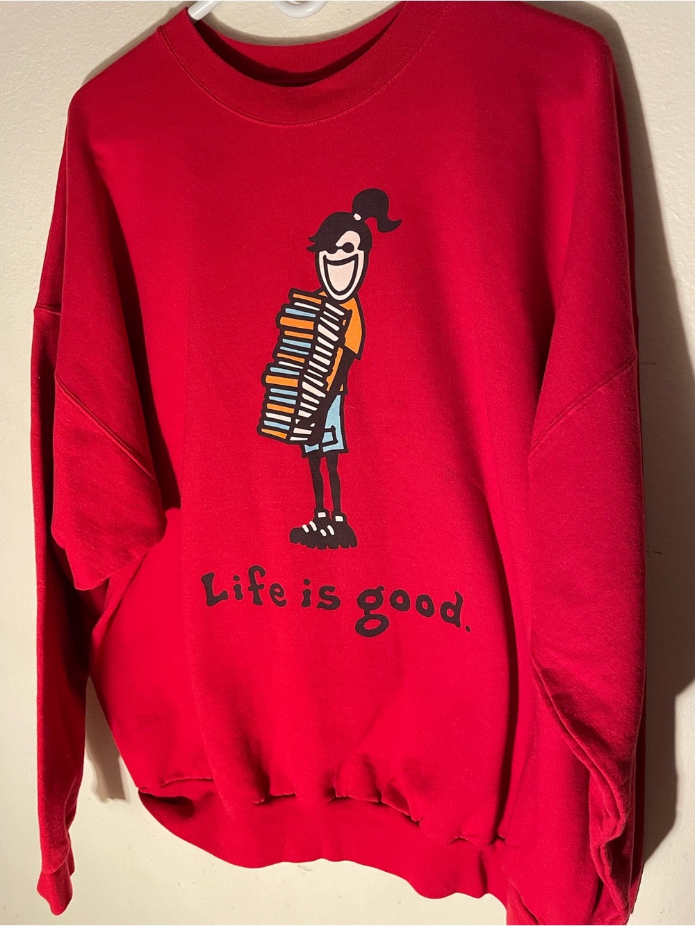 Life Is Good Red Crewneck with Book-Stack Cartoon
